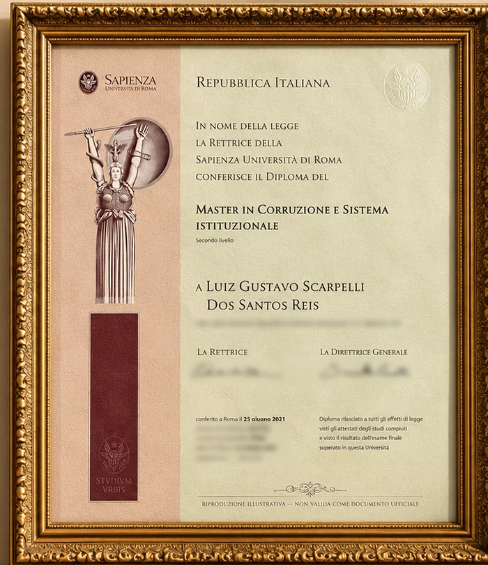 Diploma del Master in Corruzione e Sistema istituzionale, Sapienza Università di Roma, riproduzione illustrativa