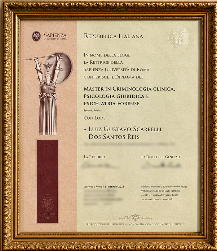 Diploma del Master in Criminologia clinica, Psicologia giuridica e Psichiatria forense, Sapienza Università di Roma, riproduzione illustrativa