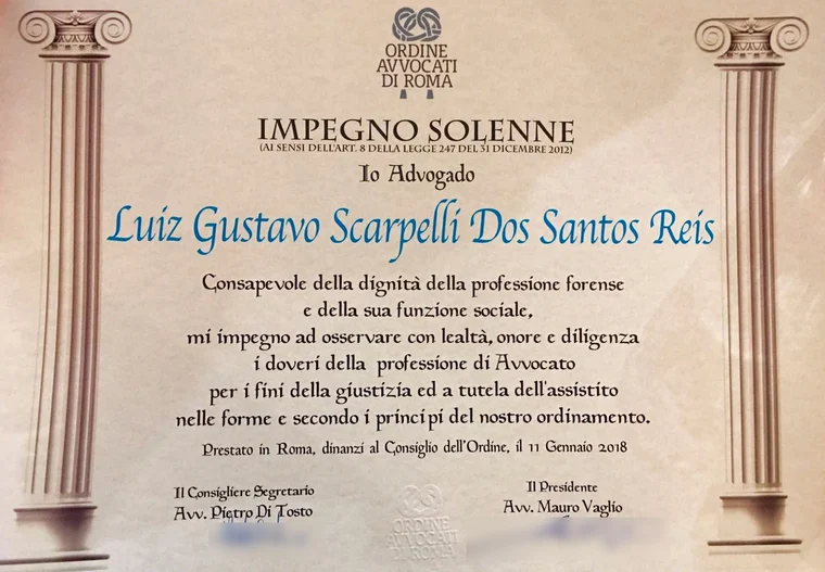 Impegno solenne prestato davanti al Consiglio dell'Ordine degli Avvocati di Roma l'11 gennaio 2018